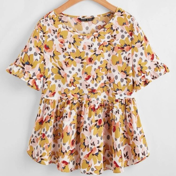 Ruffle Cuff Allover Floral Peplum Blouse - Picture 1 of 4